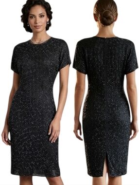 VINTAGE 1980s SISTER MAX Beaded Silk Sheath Cocktail Dress - Size 14